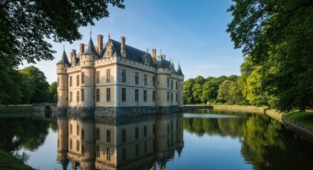 A stately castle, reflected in a calm moat, bathed in morning light. Lush trees frame the scene
