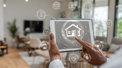 Person using tablet to control smart home devices with digital interface displaying house and connected icons