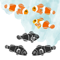 Clownfish. Colored and black silhouettes. Vector isolated elements for design. Perfect for menu decoration, invitation, card, poster and as a design element.