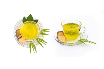 Glass cup of tasty green tea on white background, Creative layout made of cup of tea, green tea, black tea, fruit and herbal, tea, turmeric, ginger on white background.Flat lay. Food concept.
