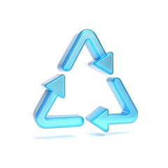 3D recycling icon. A blue glass symbol with three arrows for sustainability, the environment, and eco-friendly concepts, isolated on a white background