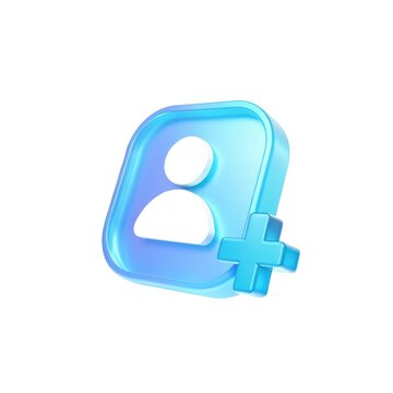 3D 'add friend' icon. A user profile with a plus sign for following, friend requests, and adding new contacts, isolated on a white background