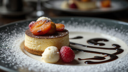 Close-up of a plated gourmet dessert with chocolate swirls, fresh fruit accents, and powdered sugar – fine dining presentation, luxury culinary photography, elegant food styling concept