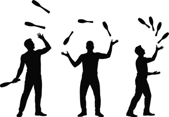Fototapeta premium Silhouette of Jugglers Performing Club Tossing Tricks on Transparent Background.