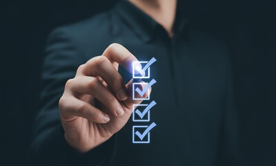 Businessperson marking digital checklist with glowing checkmarks, ideal for illustrating task completion, productivity, and project management concepts