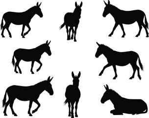 Donkey silhouette collection, farm animal vector, black donkey artwork, walking donkey clipart, domestic animal design, grazing donkey illustration, wild donkey drawing