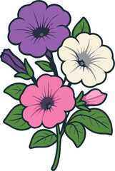 Colorful Petunia Flower Bouquet Vector – Pink, White, Purple Blossoms with Green Leaves, Simple Cartoon Botanical Illustration