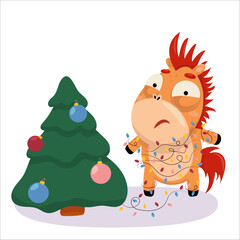 Vector illustration of a horse tangled in garland. New Year, Christmas, holiday, 2026, Horse, Chinese New Year, Horoscope, games, entertainment, relaxation, weekend, snow, fun, vacation