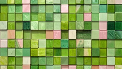 Fototapeta premium Abstract pattern of many small, square tiles in varying shades of green, pink, and cream
