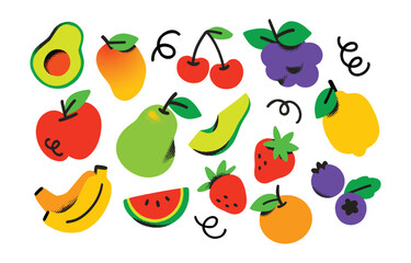 Colorful Fruits Vector Set - Avocado, Banana, Mango, Grape, Watermelon Slice, Pear, Orange, Lemon, Strawberry, Cherry, Apple, Blueberry