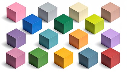 Obraz premium Colorful Cube Shaped Erasers Arranged in Rows on White Background.