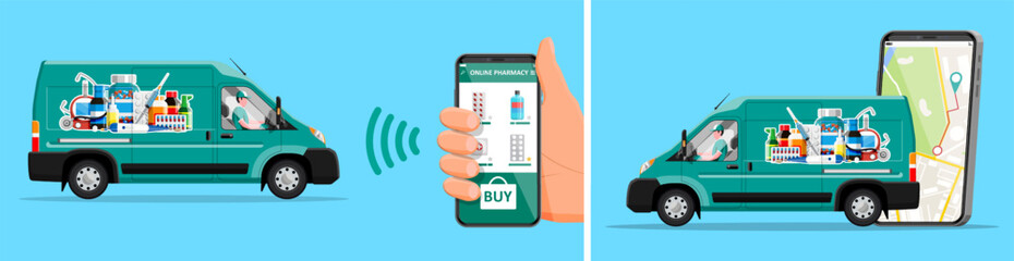 Man delivery driver in van with online pharmacy on smartphone. Medication shipping with mobile app map. Telemedicine delivery. © absent84