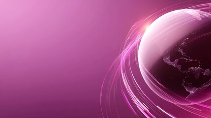 Translucent 3d planet with illuminated continents and neon data trails in space on a gradient pink background with copy space