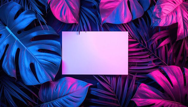 Blank paper framed by vibrant tropical leaves in neon colors - Powered by Adobe