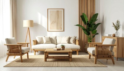 Minimalist, light-filled living room with a natural, bamboo-toned aesthetic