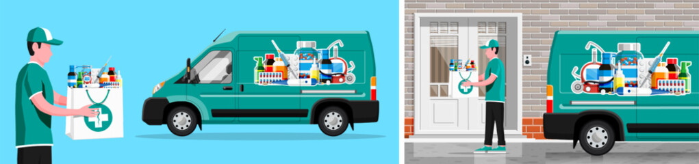 Male courier delivering medicine package and van with medical supplies. Pharmacy order delivery by truck. Healthcare service. © absent84