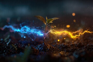 Tiny sprout emerging from dark soil, vibrant electric blue and orange energy currents flowing around it