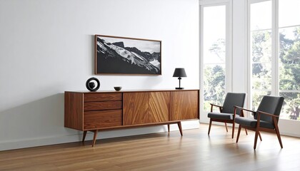 Fototapeta premium Modern, minimalist living room with wooden credenza and armchairs