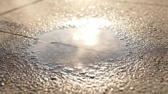 A shallow puddle of rainwater slowly evaporates under the warm sun, eventually disappearing from the paved surface in a detailed timelapse natural, dry, design