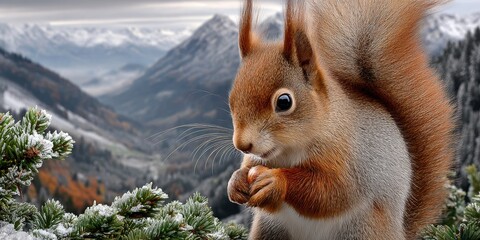 Squirrel Preparing for Winter Gathering Nuts Among Snowy Mountains in a Festive Holiday Setting