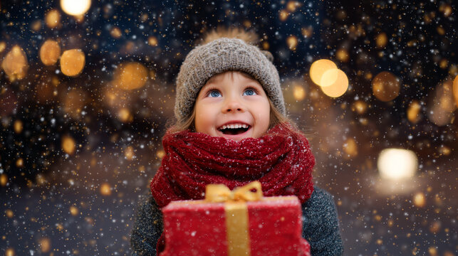 Happy little girl with a Christmas present feeling joyful in the winter snow