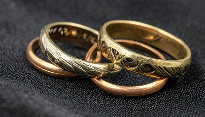 Three rings, gold and copper, intertwined on dark fabric