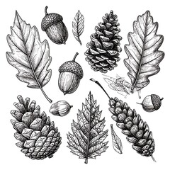 Detailed botanical illustrations of autumnal objects