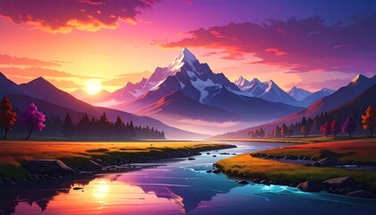 Colorful sunrise over a serene mountain valley