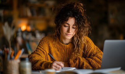 Ethnic student making notes during online lesson.
