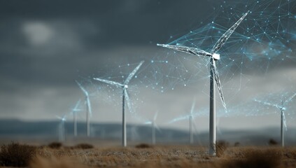 Wind turbines in a field, connected by digital network, against a stormy sky