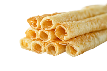 Freshly made wafer rolls isolated on transparent background