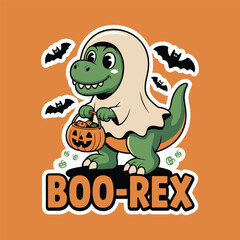 Cute dinosaur wearing ghost costume holding pumpkin trick or treat