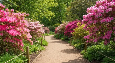 A sunlit garden path, flanked by vibrant azaleas in pink and purple hues