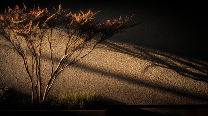 Golden autumn sunlight filtering through vibrant tree branches onto textured stucco wall with ample copy space on right