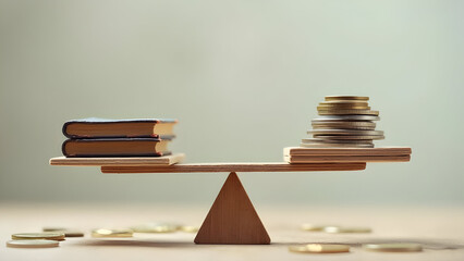 Balance scale with stacked books on one side and coins on the other, symbolizing the balance between education and wealth, knowledge and finance.
