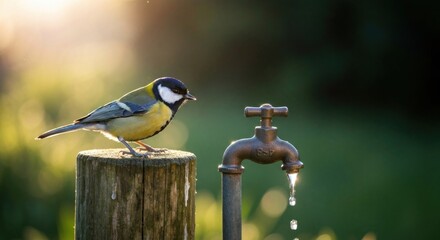 A tit perched on a post, near a garden faucet. Sunlight streams