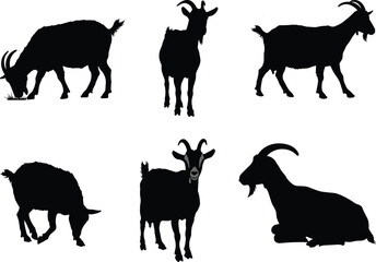 Goat silhouette vector set, domestic goat illustrations, grazing goat artwork, farm livestock design, horned goat graphics, black goat drawings, animal pasture