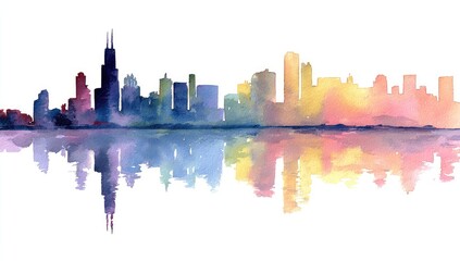 Obraz premium Watercolor cityscape skyline, vibrant colors, mirrored reflection
