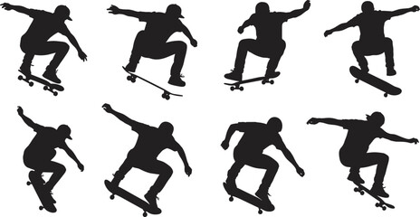 Skateboarder silhouette set, mid-air tricks, dynamic motion, black vector art, urban sport, jump pose, extreme action, youth culture, skateboarding style