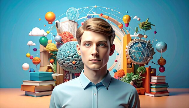 Iconic influential leader, home surrounded abstract contrasting globally work thought D representations knowledge illustration