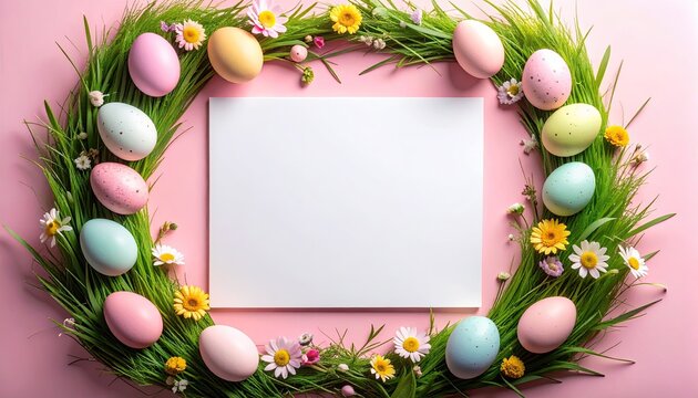 Pastel Easter eggs and flowers frame a blank card