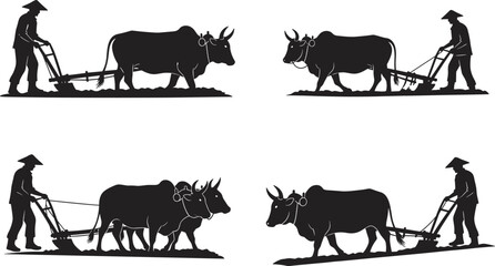 Traditional farming silhouette set, oxen plowing field, rural agriculture, conical hat figure, black vector art, cultural labor, soil preparation, countryside scene