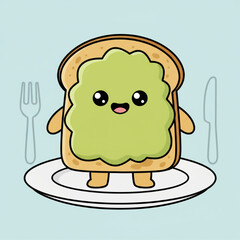 A kawaii vector avocado toast character with a smiling face and tiny arms and legs, on a simple plate