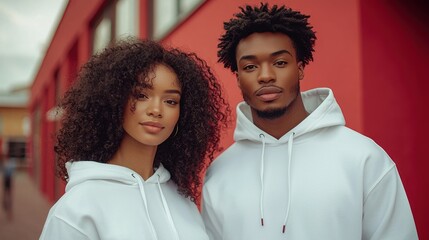 Two people in white hoodies pose against a bright red building