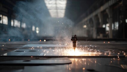Industrial metal welding in a large factory. Sparks and smoke fill the air around a welding torch