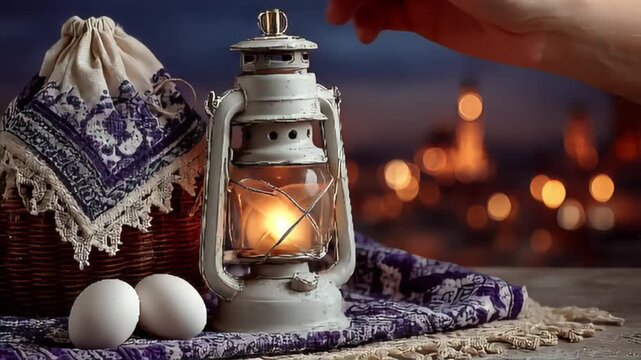 Nostalgic easter time still life composition with lantern and eggs against bokeh background
