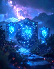 Digital shields in a mystical landscape