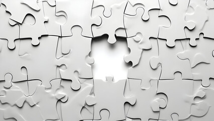 White jigsaw puzzle with one missing piece, symbolizing solution, problem-solving, and strategy.
