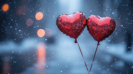 Two red, heart-shaped balloons in snowy street
