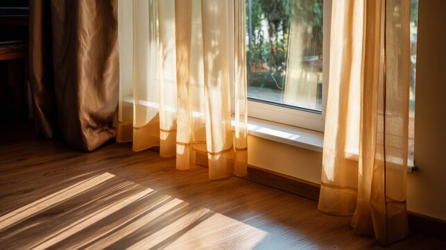 Warm morning sunlight streams through translucent beige drapes covering a frosted window, casting long striped shadows on rustic wooden floor with soft copy space on the right